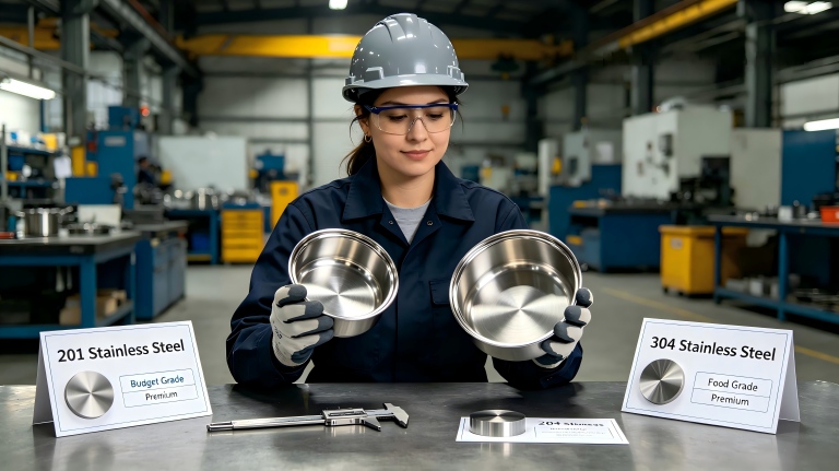 Factory worker comparing 201 and 304 stainless steel cookware samples during quality check