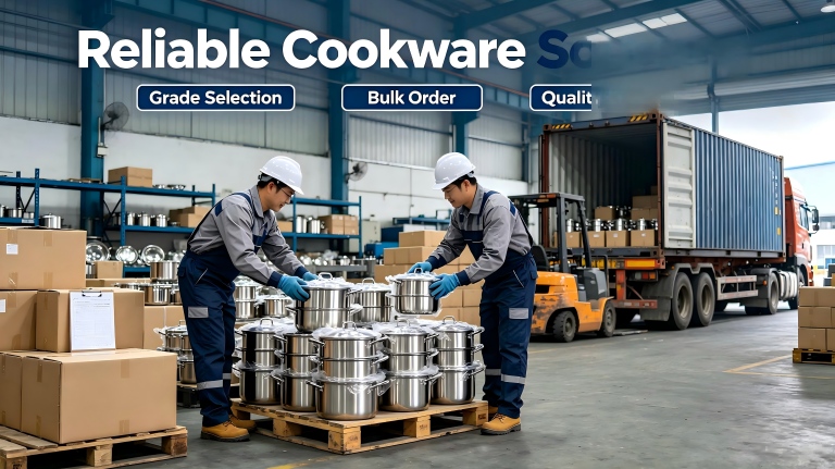 Finished stainless steel cookware ready for bulk export, professional kitchenware material sourcing