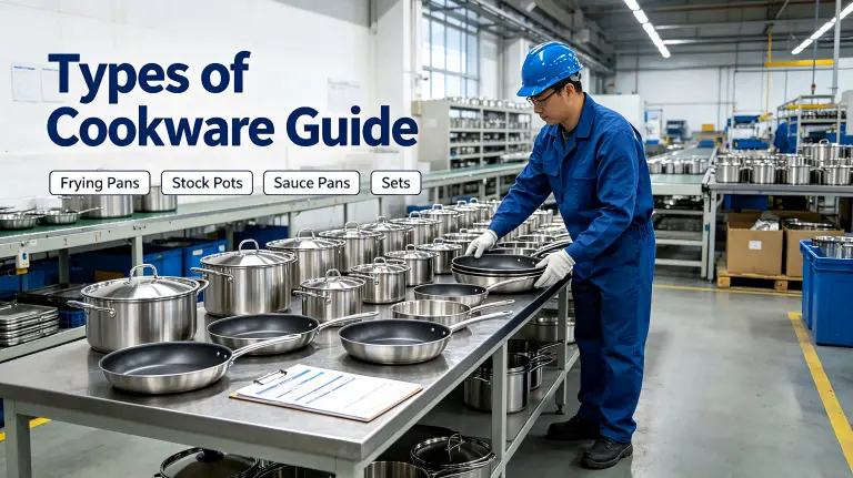Factory worker displaying frying pans, stock pots, sauce pans and cookware sets in a stainless steel cookware workshop.