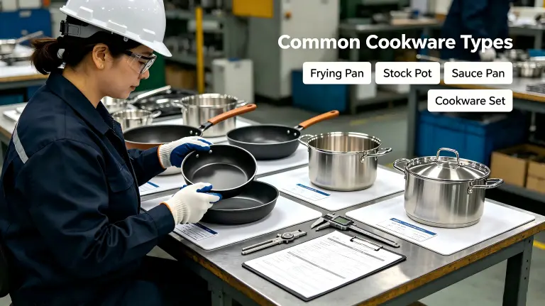 Factory quality inspector checking common cookware types including frying pan, stock pot, sauce pan and cookware set.