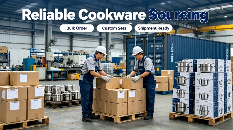Finished cookware sets packed for bulk export shipment, reliable kitchenware sourcing solution.